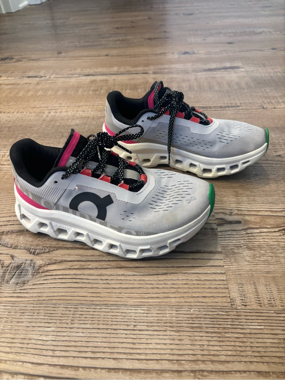 On Cloudmonster Women's Grey Sneakers with Pink, Orange and Green Accents